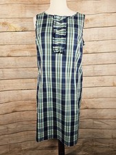Talbots Cotton Plaid Blue Green Sleeveless Ruffle Dress Size 16