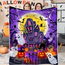 Halloween Blanket, Spooky Ghosts Blanket for , Castle Jack-O-Lantern Pumpkins...