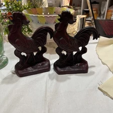 French Rooster Bookends Cast Iron, Set of 2, Excellent, Red Black