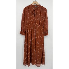 Madewell Dress Womens 10 Brown Floral Tie Neck Long Sleeve Midi Chiffon Lined