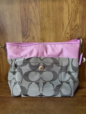 Coach Signature Brown Canvas Hobo Bag with Pink Leather Trim