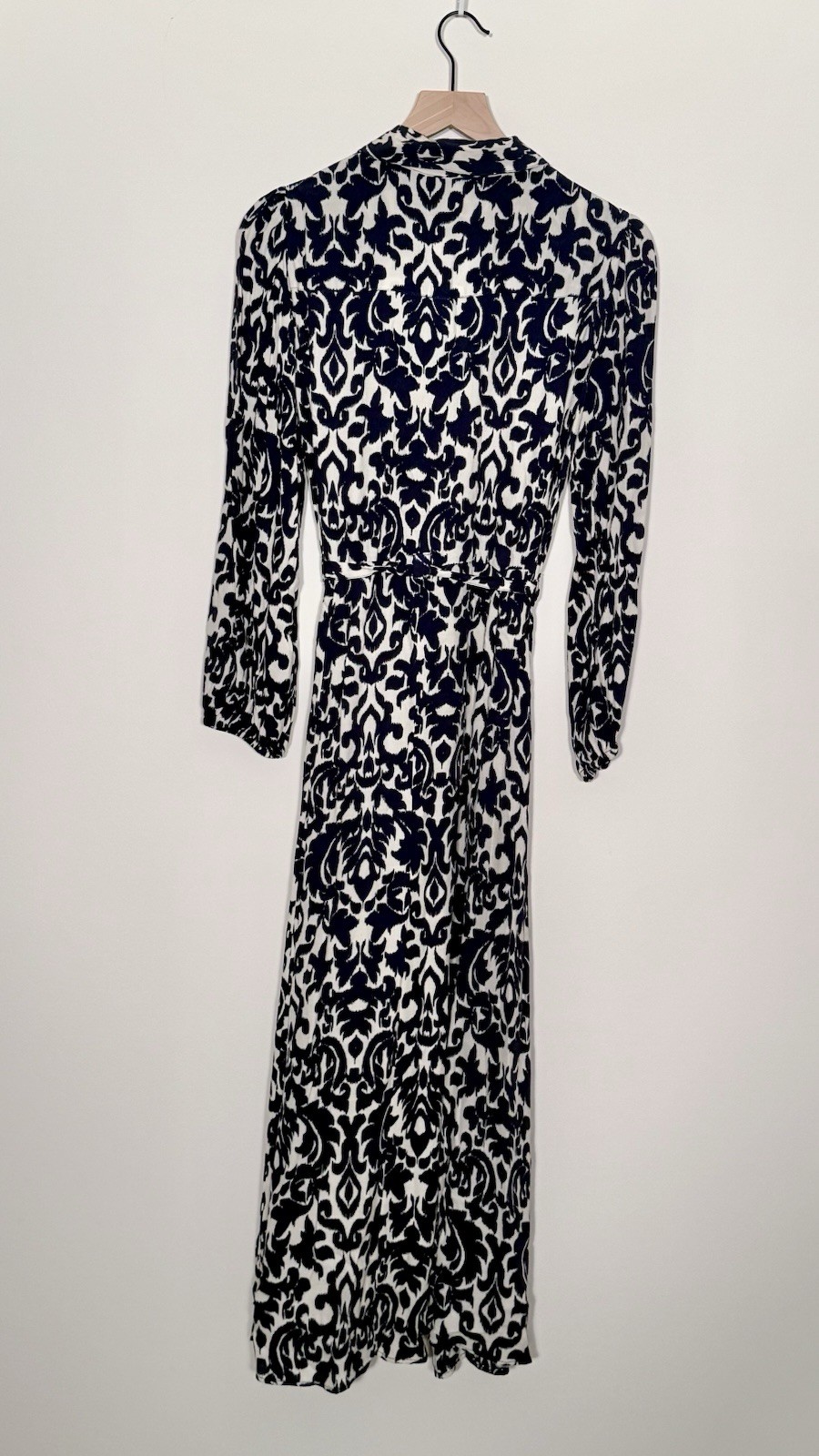 Zara Blue & White Ikat Print Maxi Shirt Dress Long Sleeve Collared Belted Size L