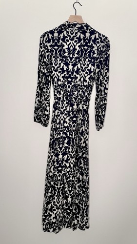 Zara Blue & White Ikat Print Maxi Shirt Dress Long Sleeve Collared Belted Size L