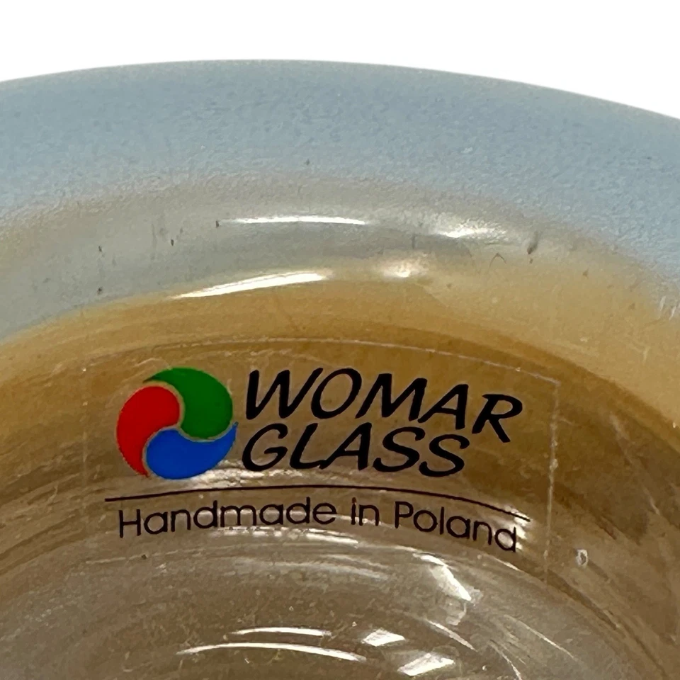 Womar Glass Candle Holder Bud Vase Blue Cream Brown Striped Handmade Poland 4" - Image 4 of 4