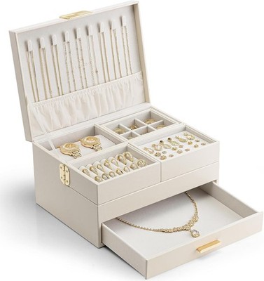 Large Jewelry Box 3 Layer Cloud White Leather Organizer Retractable Tray Drawer