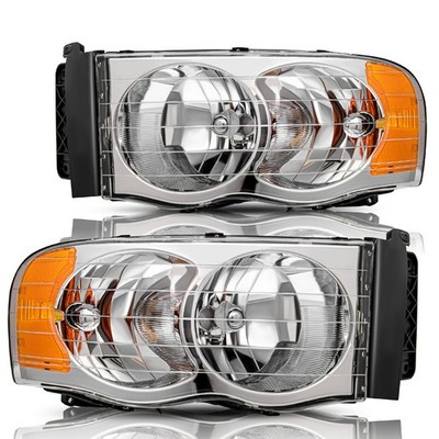 Chrome Amber Headlights For 2002-2005 Dodge Ram 1500 2500 3500 LH+RH