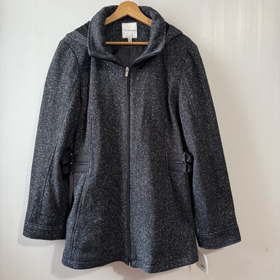 NEW Croft & Barrow Black Tweed Coat Lined Winter Jacket Detachable Hood XL