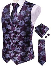 Mens Waistcoat Purple Flower Vest Tie Hankie Cufflinks Set Wedding Formal Party