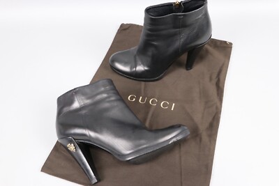 GUCCI Black Leather Block Heel Ankle Boots Shoes Booties Womens Size 37 /US 7