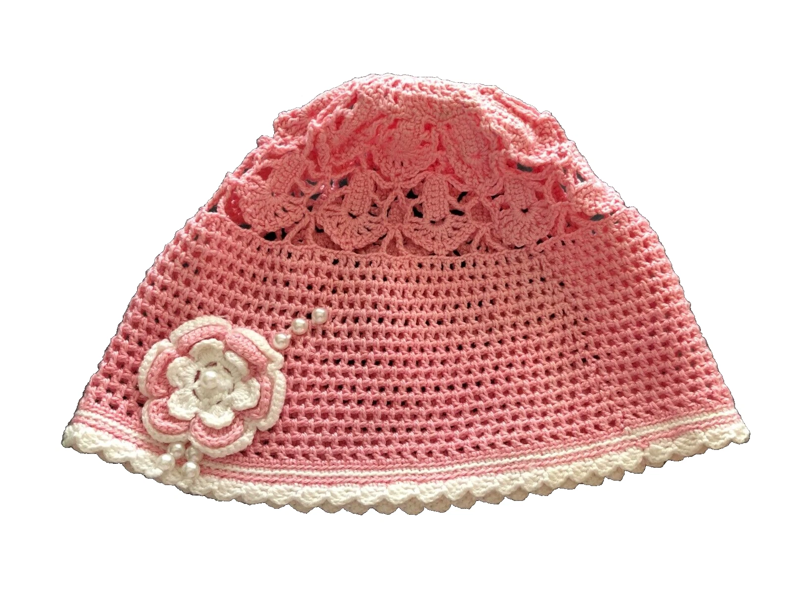 New Handmade Crochet Pink Baby Girls Hat with flower & pearls