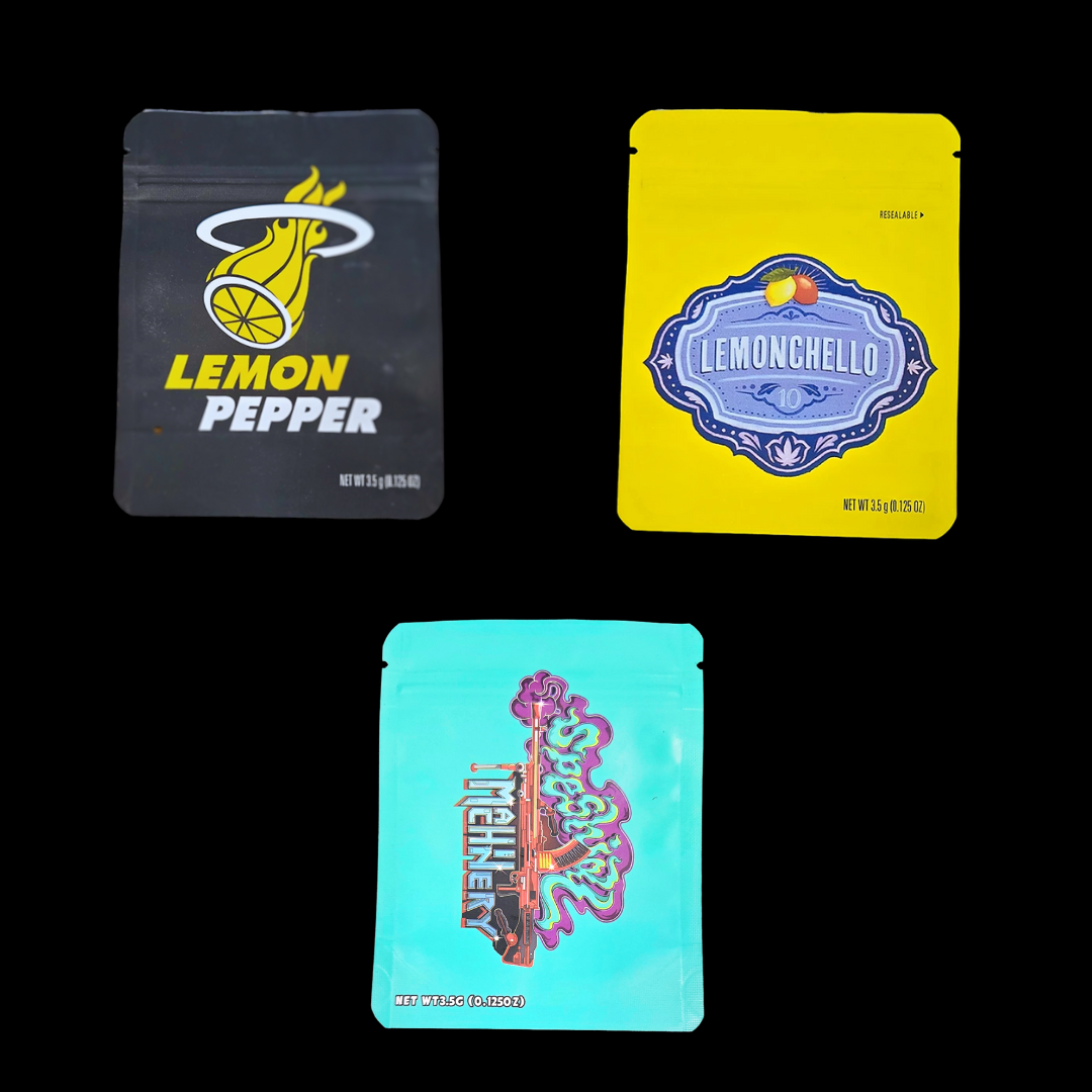 100pc- Mylar bags 3.5 gram design sealable Smell -Proof Food Storage (5 Designs)