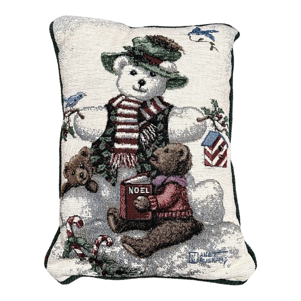 Tapestry Pillow Snowman Bear Artist Kruskamp Janet Green Backing 16" X 12" - Image 3 of 4