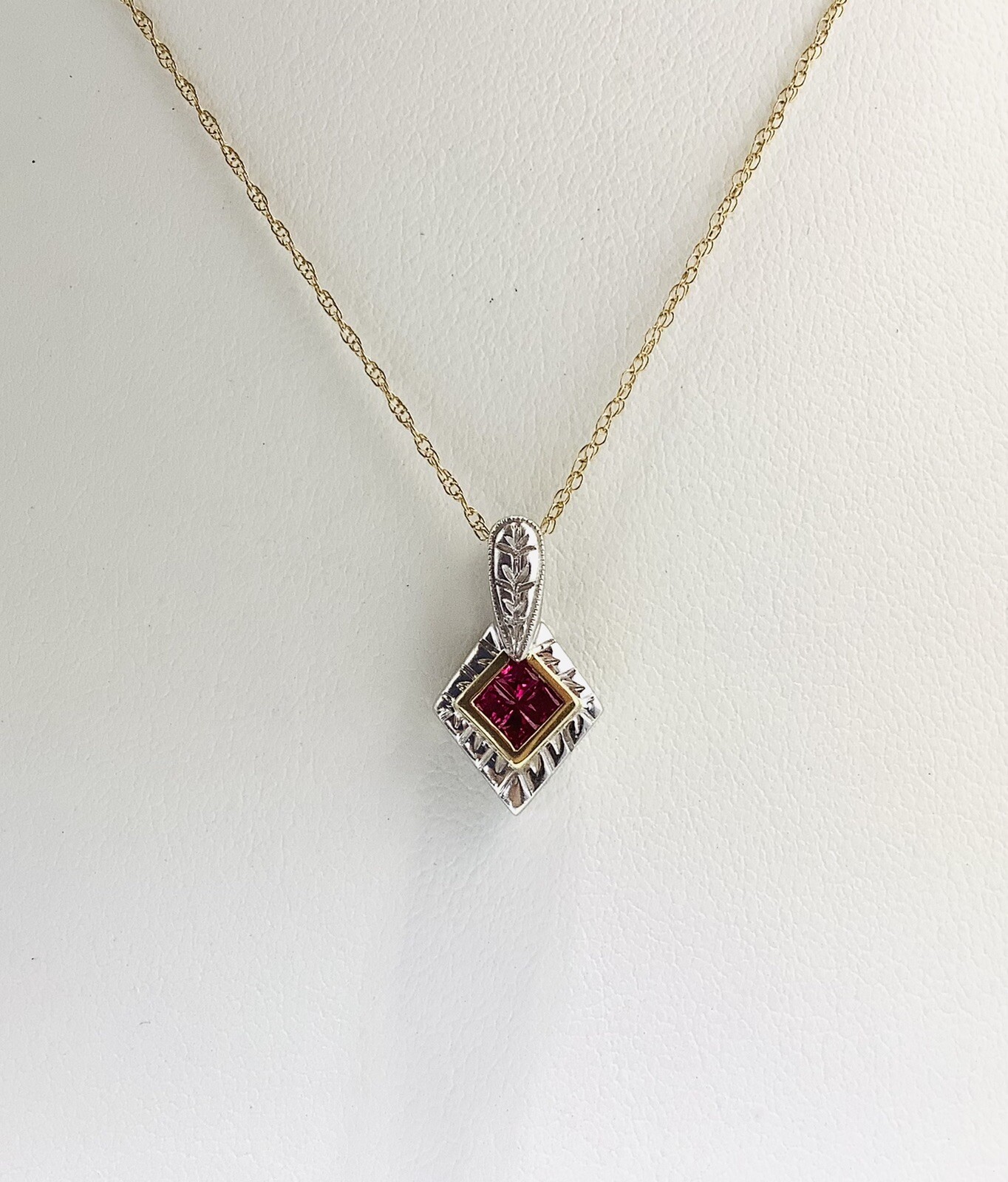 Solid 14k Ruby Princess Cut White & Yellow Gold P… - image 6