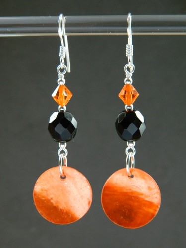 Metallic Orange MoP Shell Discs, French Jet, Crystal & Sterling Silver Earrings - Picture 9 of 14