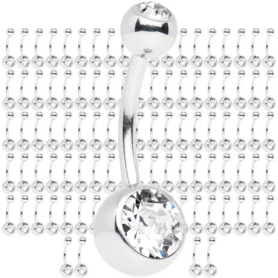 10X 20X 50X LOT CLASSIC CLEAR DOUBLE GEM STEEL BARBELLS NAVEL BELLY BUTTON RINGS