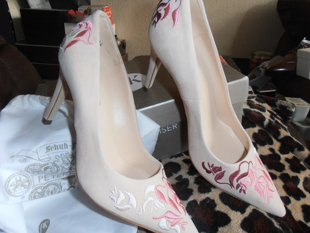 pale pink suede court shoes