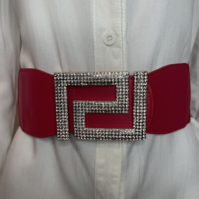 Red PU leather gold tone buckle with rhinestone details elastic waistband belt Red PU leather gold tone buckle with rhinestone details  main image 4