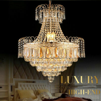 20'' K9 Crystal Chandelier Rain Drop Empire Gold Ceiling Fixture Pendant Lamps