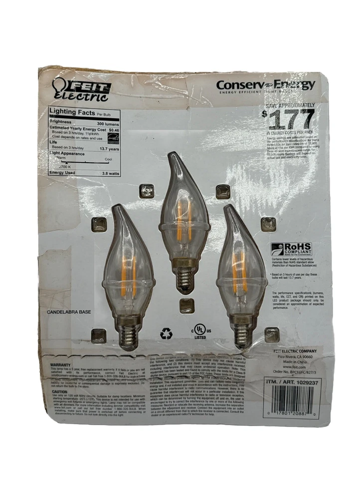 Feit Electric Chandelier Bulbs - Clear 3.8 Watts (Replaces 40W) (3-Pack) - Image 2 of 2