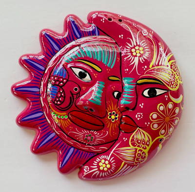 Mexican Sun Moon Face Eclipse Folk Art Talavera Pottery Hand Painted 8 1/2''  #7