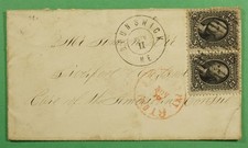 DR WHO 1860s #69 PAIR 12C BRUNSWICK ME MAINE TO ENGLAND R80088
