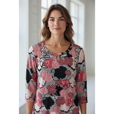 Rafaella Womens XL Abstract Floral Stripe 100% Cotton 3/4 Sleeve Grommet Top NEW