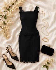Vintage Talbots Petites Black Lace Bow Sheath Dress Peplum Cocktail Medium