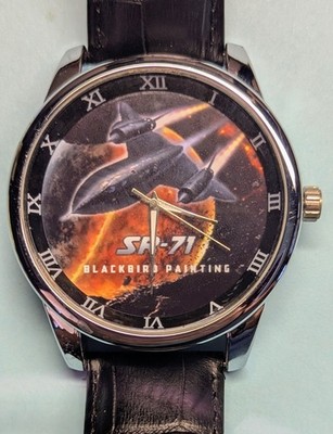 SR-71 Blackbird Painting Analog Watch Silver Case Black Leather Band Aircraft