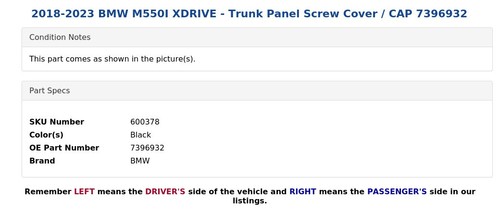 2018-2023 BMW M550I XDRIVE - Trunk Panel Screw Cover / CAP 7396932 - Picture 4 of 5