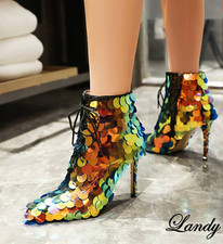 Sequins Stilettos Ankle Boots Pointed Toe Women's Lace Up Nightclub Stage Pumps