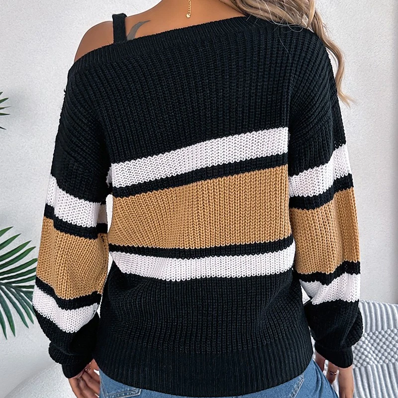 Women's Cold Shoulder Sweater - Fall Color Block Long Sleeve Pullover - Image 3 of 4