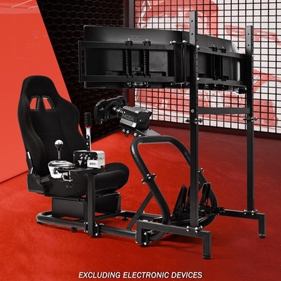 Supllueer Racing Sim Cockpit With Triple TV Stand & Black Seat Fit Logitech G920