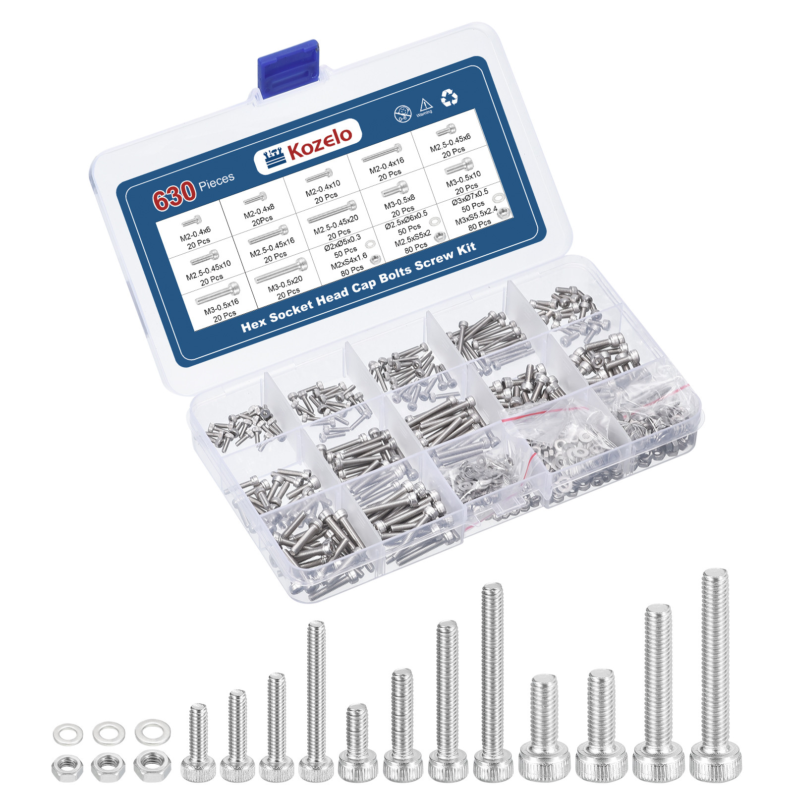 630pcs M2/M2.5/M3 Socket Head Cap Screws Bolts Nuts Kit, Stainless Steel