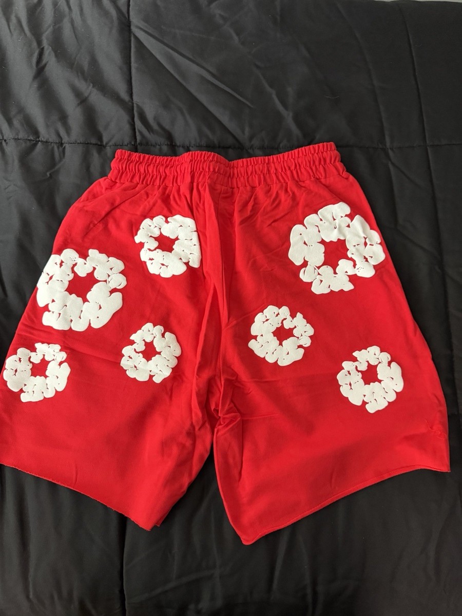 DENIM TEARS Men's Red White Floral Drawstring Shorts with Pockets