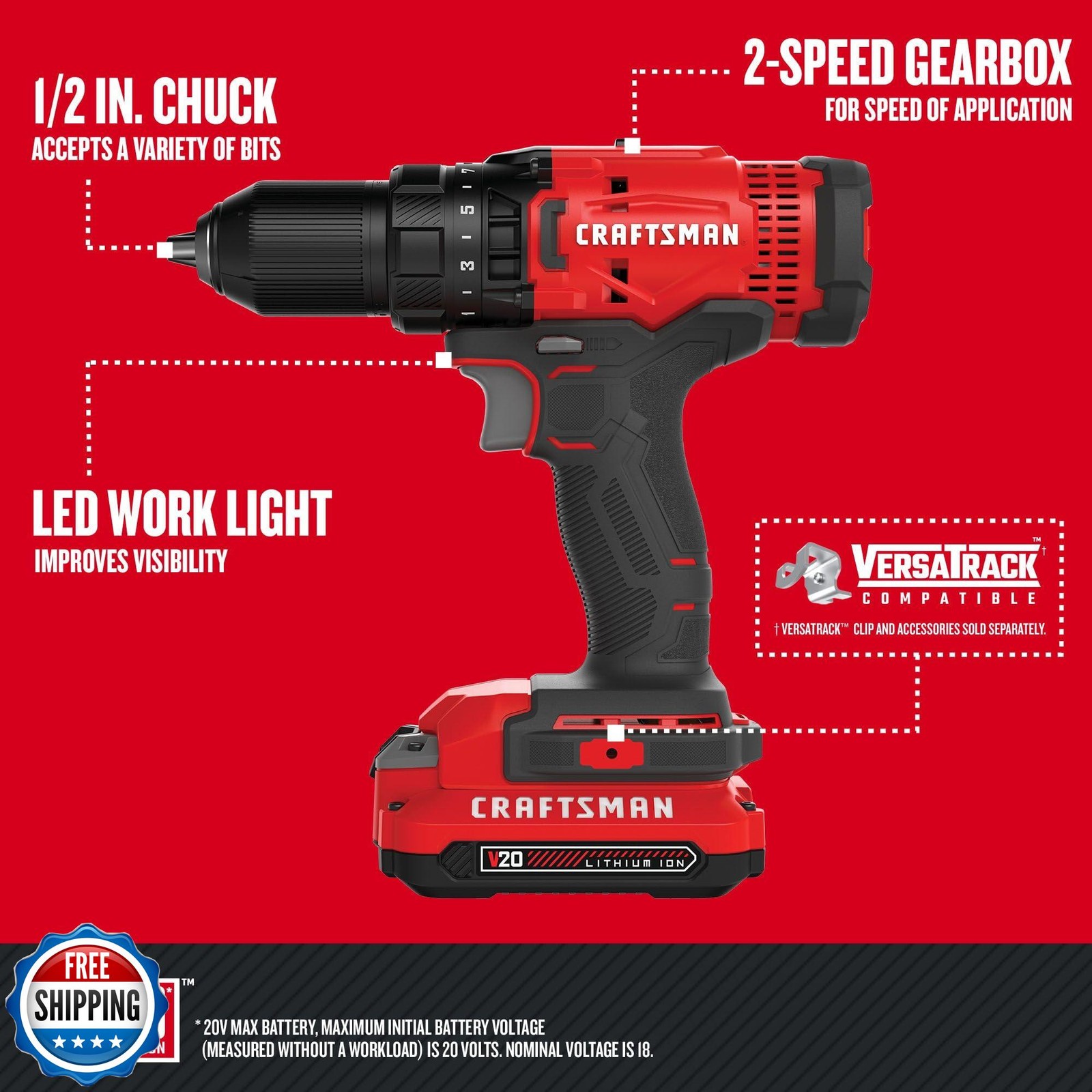CRAFTSMAN V20 Cordless Drill/Driver Kit, 1/2 inch, Battery and Charger Includ