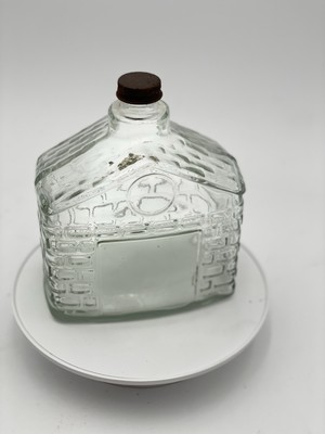 Vintage Clear Glass Log Cabin Shaped Bottle With Chimney Lid 7'' T x 5.5'' W x 3.5