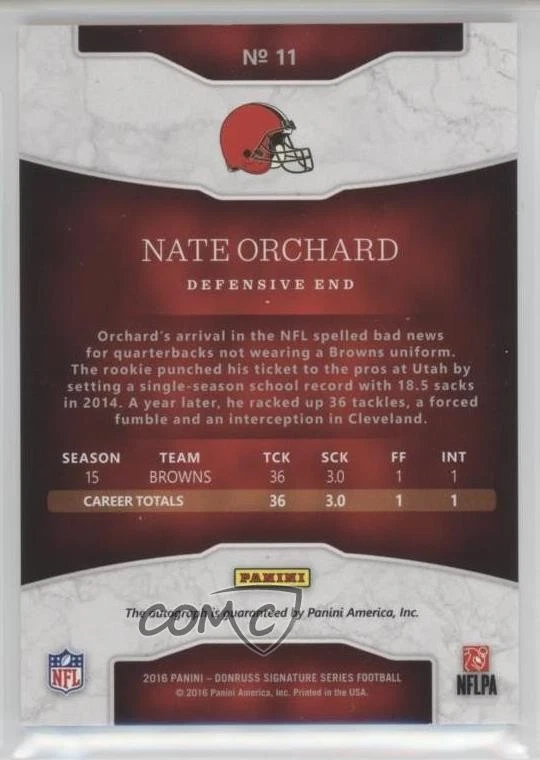 2016 Panini Donruss Signature Series Holo Silver /50 Nate Orchard #11 Auto - Image 2 of 2