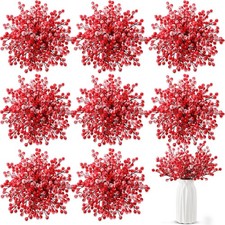 50 Pieces Artificial Holly Berry Stem Picks with Snowflake Frosted Christmas ...