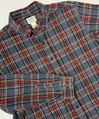 LL Bean Flannel Shirt Mens Large Traditional Fit Brushed Gray Plaid Button Down