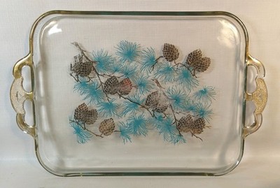 MCM Douglas Good Pinecone Serving Tray Turquoise Blue & Gold Floral Glass Vtg
