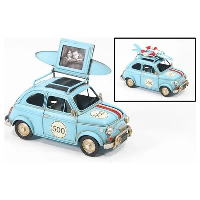 Auto in Metallo Modellino Vintage Azzurra con Portafoto 20x10x12 cm Retro, fotografia 3 di 9