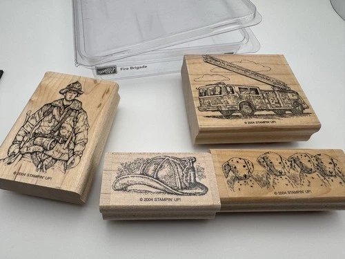 Fire Brigade STAMPIN UP Wood Stamp Set Stamps Firetruck Dalmatian Helmet Fighter