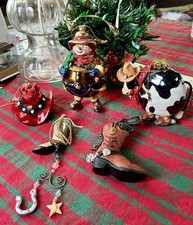 5 Cowboy Theme Christmas Ornaments With Santa, Cowboy Cow, Boots  Western Hat