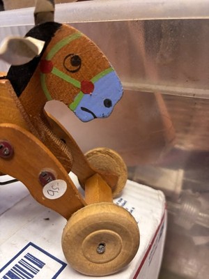 Vintage 1920 Wooden Bucking Donkey Pull Toy on Wheels w/ Original Box