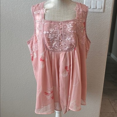 Roaman's Blush Pink Lace Embroidered Floral Sleeveless Flowy Lined Top Boho 24W