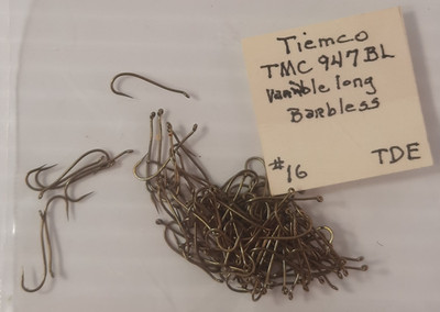 100 Tiemco TMC #947BL Variable Long Shank Barbless size 16 Dry Fly Tying Hooks C
