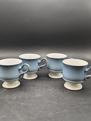 Four English Denby Castile Ceramic Blue and White Footed Tea/Coffee Cup/Mug