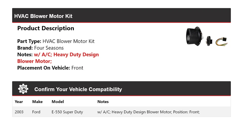 Kit de motor soplador de climatización delantero 4 estaciones Ford E-550 Super Duty 2003 Foto 2 de 3