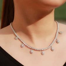 Sparkling White CZ Round Tennis Chain Oval Charm Choker Necklace for Women Party