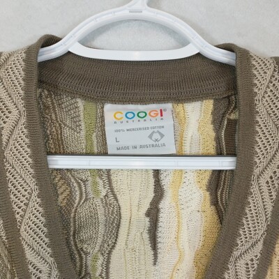 VTG Coogi 3D Mercherised Cotton V Neck Sweater Green/Tan Size